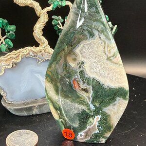 Moss Agate Flame Stand Druzy Quartz: 4.85" Tall #18